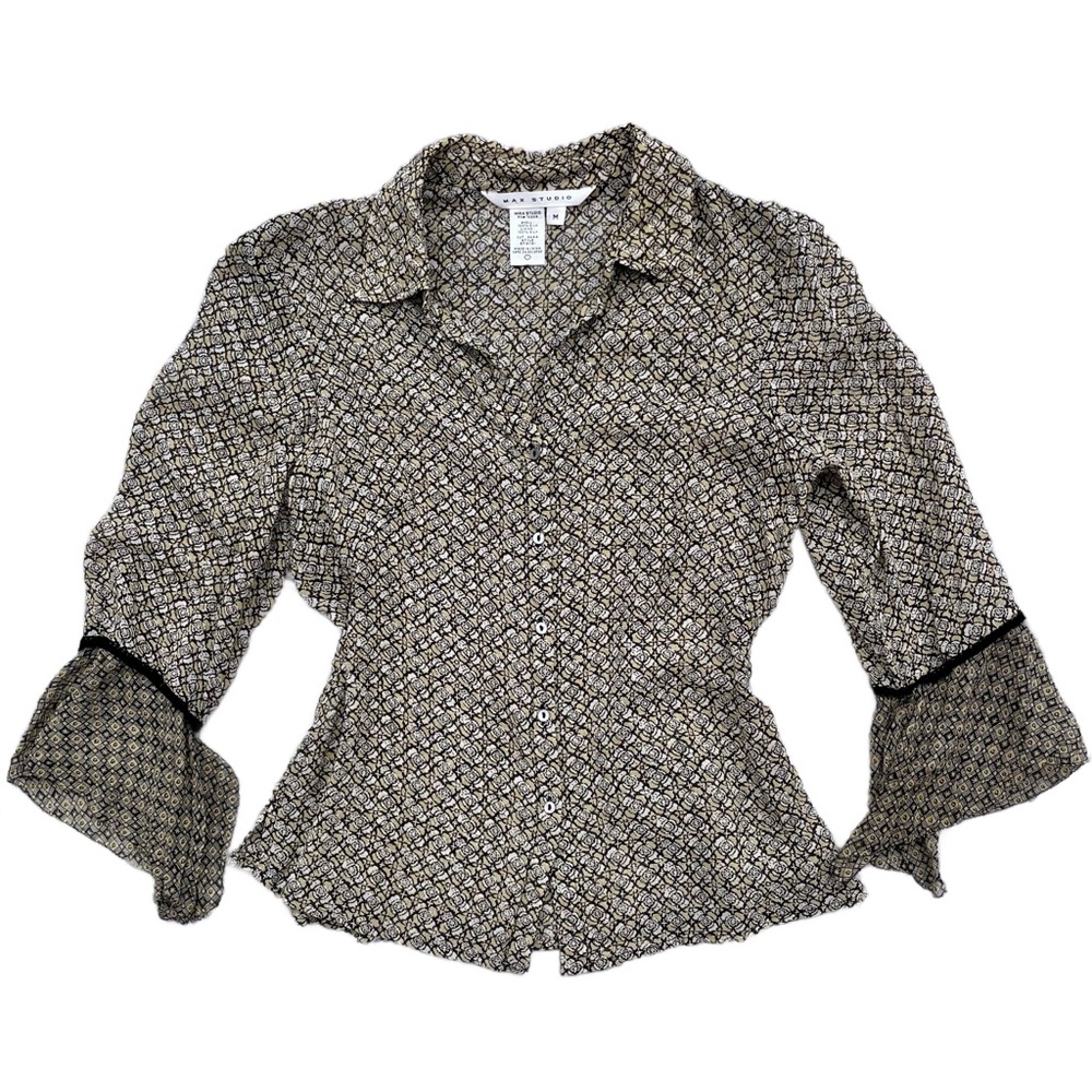Max Studio Vintage Silk Chiffon Bell Sleeve Button Front Collared Blouse Medium